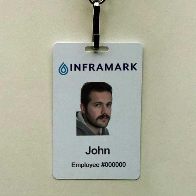 All Inframark staff carry a badge similar to this one with Inframark’s blue waterdrop logo, their name and an employee number.
